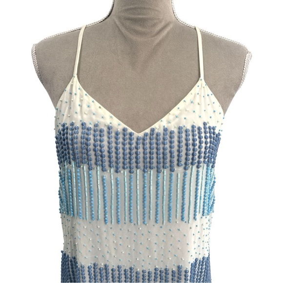 Parker Finn Beaded Silk Slip Dress Cocktail Party Wedding Guest Blue White Small - Picture 3 of 11